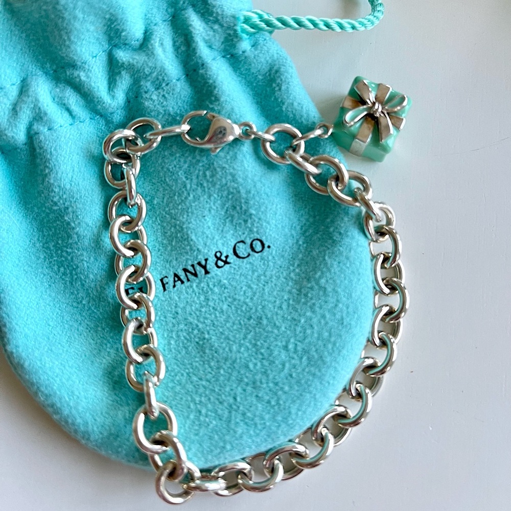 tiffany ss bracelet with blue enamel charm. RARE